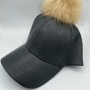 NWOT Women’s Black Faux Leather Adjustable Cap with Tan Pom Pom